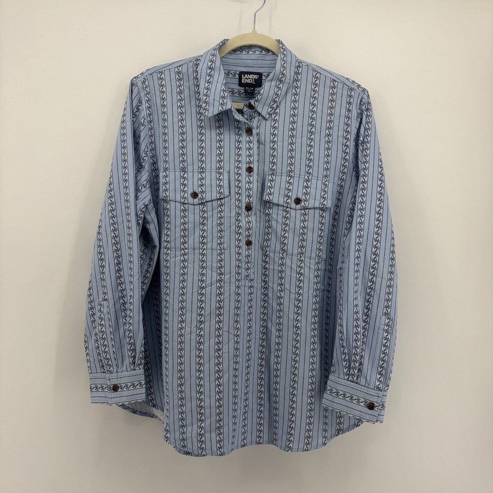 Lands' End Womens XLP Blue Striped Popover Tunic Blouse Embroidered Long Sleeve